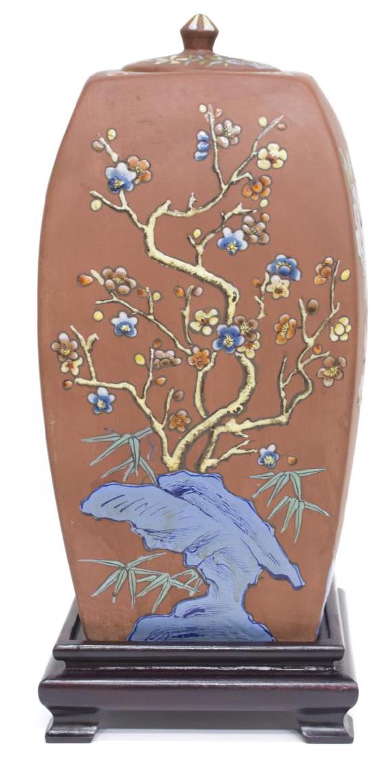 CHINESE FLORAL ENAMELED YIXING WARE VASE ON STAND (1 of 3)