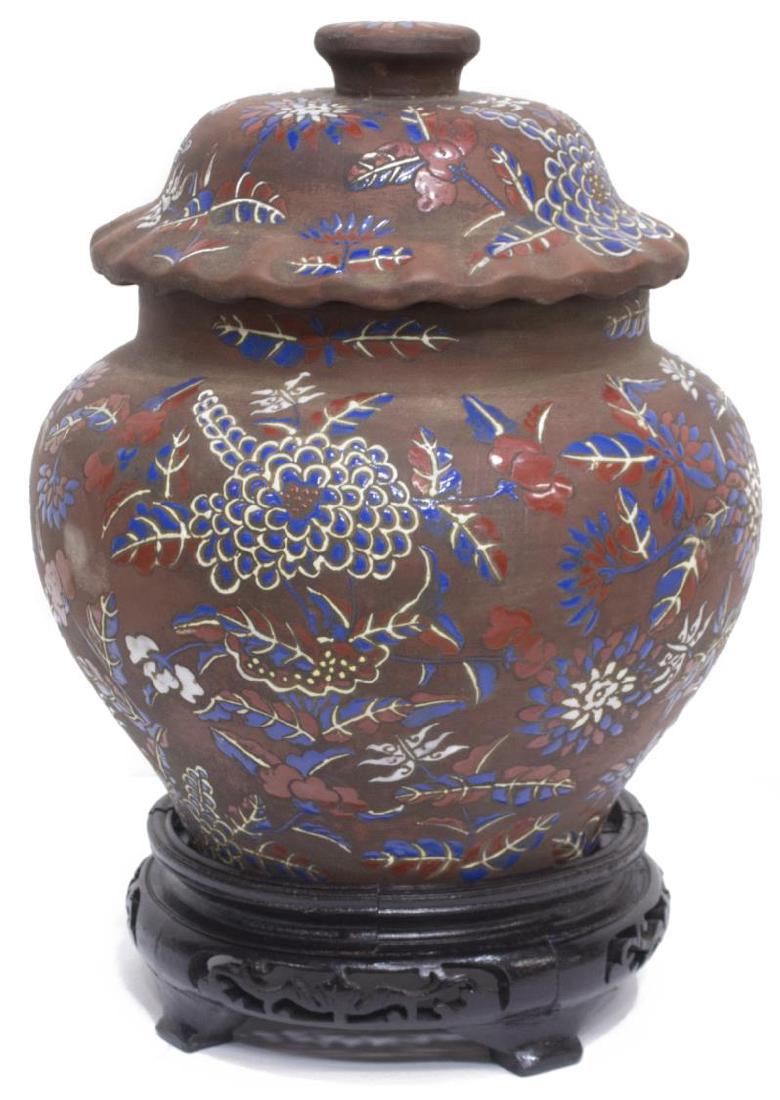 LARGE CHINESE YIXING WARE ENAMELED COVERED JAR (1 of 3)