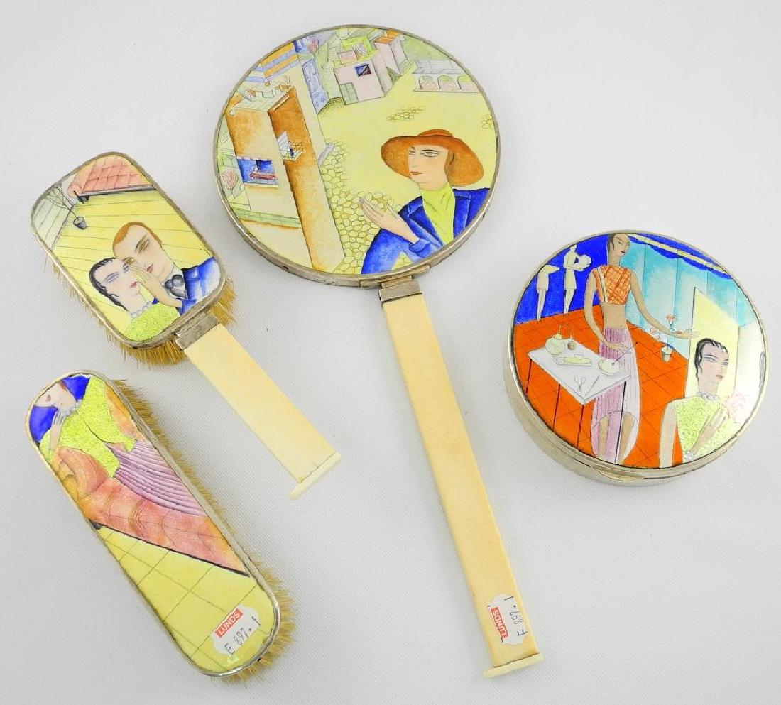 Art Deco 4 piece enamelled silver dresser set designed: Art Deco 4 piece enamelled silver dresser set designed by Paul Laszlo.