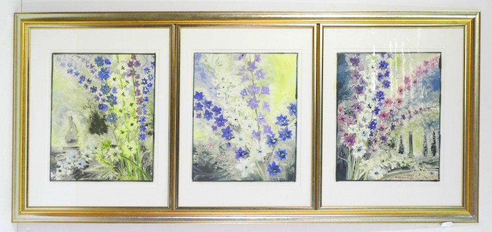 Monotype Tryptych signed David Blackwood 1990: Monotype tryptych signed David Blackwood 1990, each 20" x 16", "Anita's Garden".
