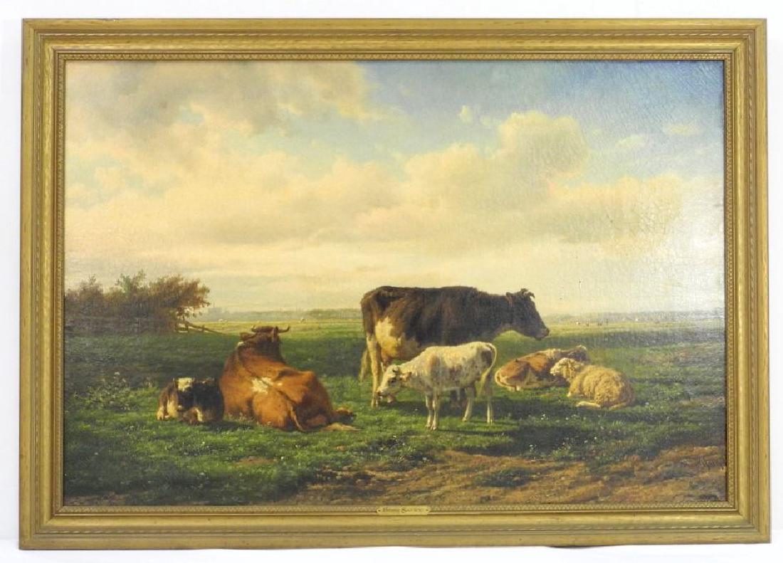 Oil painting signed Henri Savry, 33" x 50", "Cows in (1 of 10)