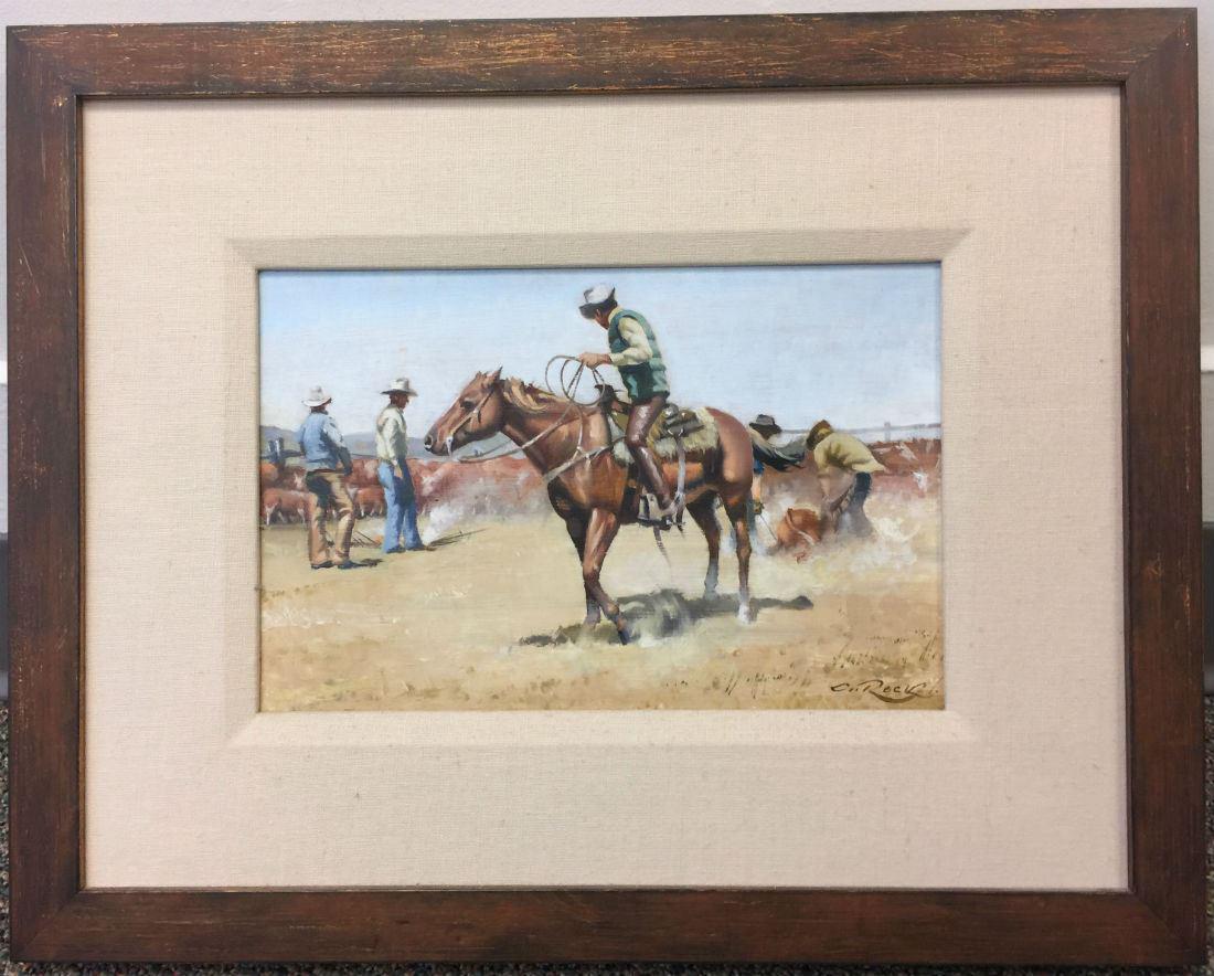 Oil painting signed G. Rock, 8" x 12", "Branding Scene (1 of 3)