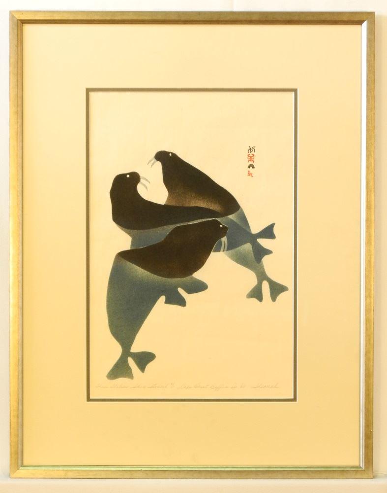 Inuit stonecut 41/50 signed Sheouak: Inuit stonecut 41/50 signed Sheouak '60, 15" x 10", "Three Walrus Skin Stencil"