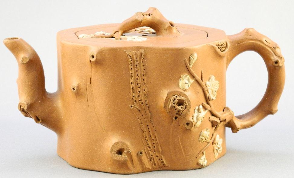 Organic shaped Yixing teapot with blossoms in cream, (1 of 4)