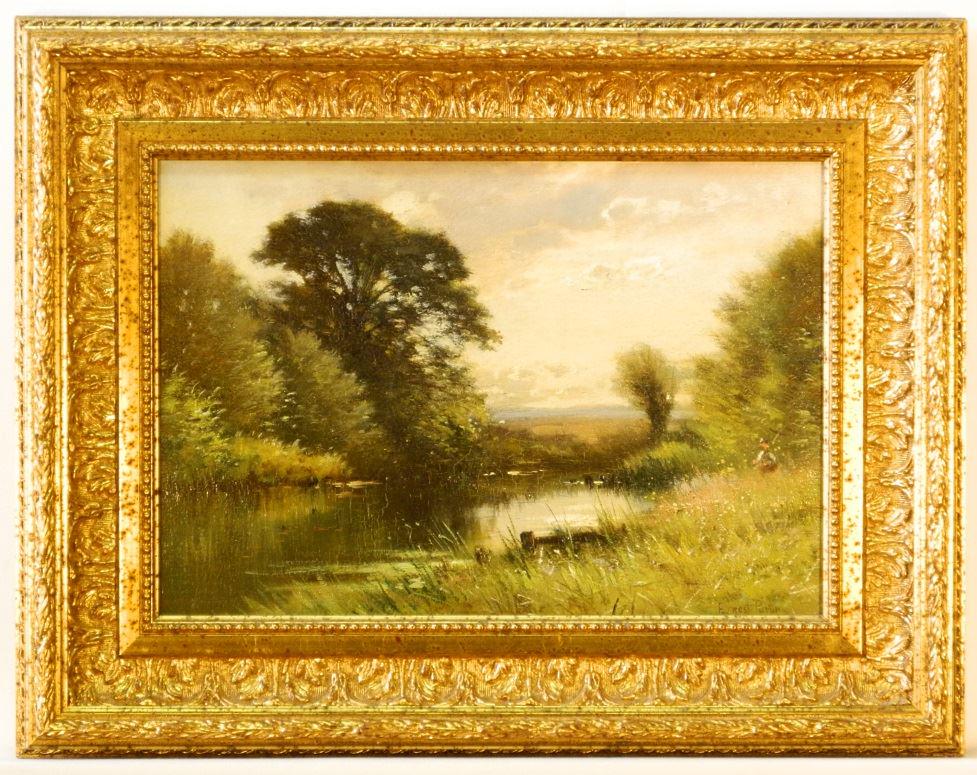 Oil on panel signed Ernest Parton, 9 3/4" x 14", "Going: Oil on panel signed Ernest Parton, 9 3/4" x 14", "Going Fishing".