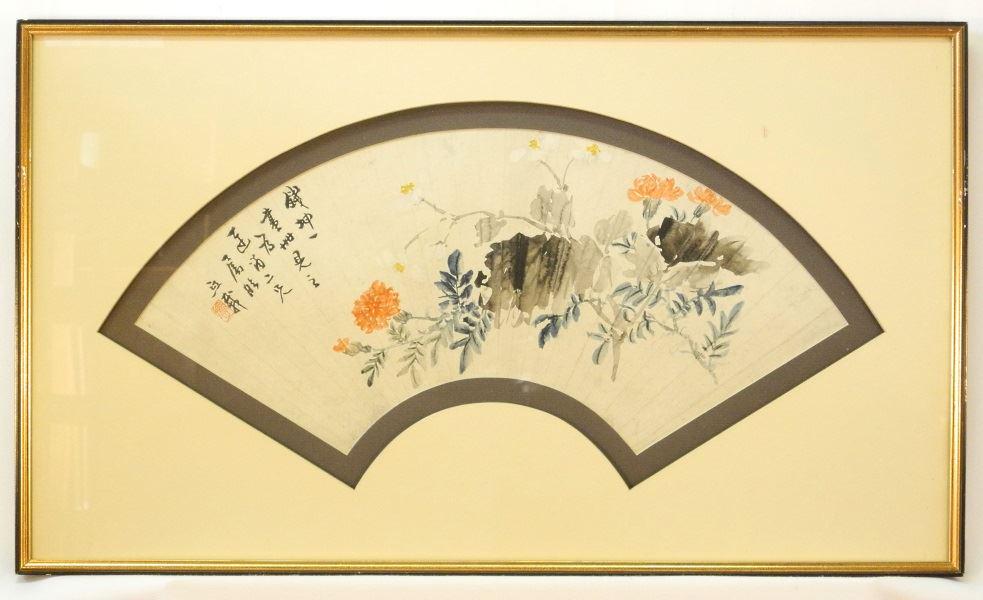 Two framed Chinese fan paintings - one Wu Hsi Tsai 9" x (1 of 10)