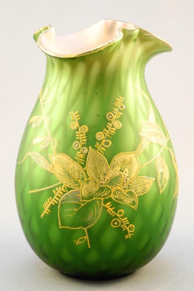 Cased green satin glass vase with pink interior attr. (1 of 6)