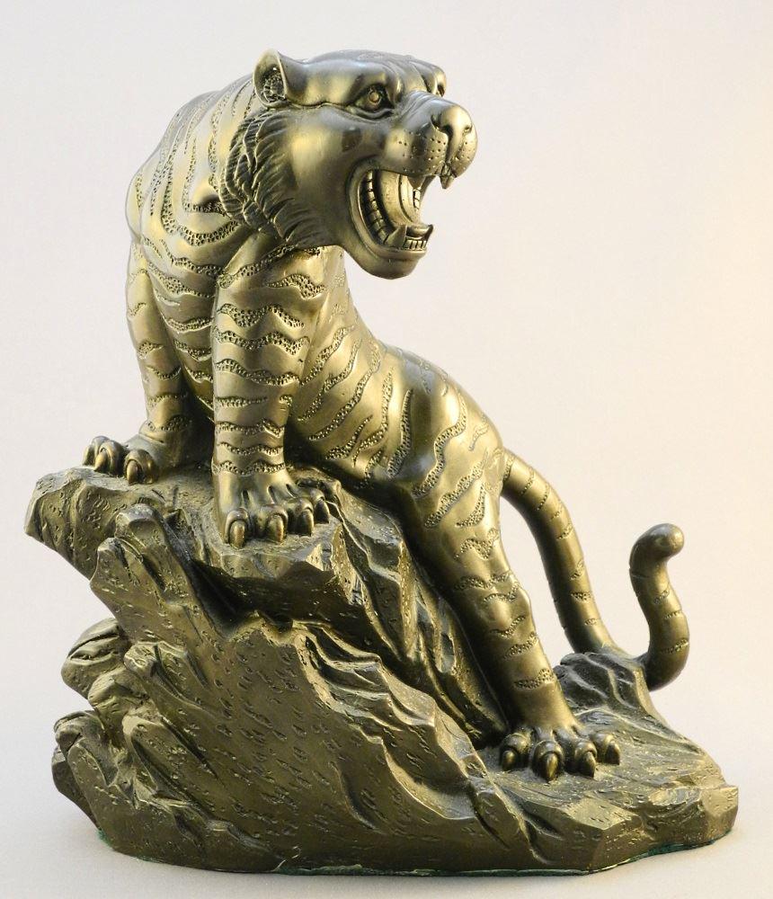 Chinese bronze tiger on rock, 10 1/4" high. (1 of 5)