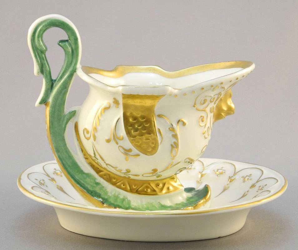 French porcelain sauce tureen - fontainebleau marked JP: French porcelain sauce tureen - fontainebleau marked JP - Jacob Petit, 6 1/4"