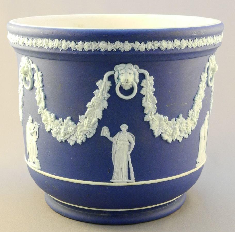 Wedgewood Jasperware jardiniere, circa 1890, 7 1/2"h x: Wedgewood Jasperware jardiniere, circa 1890, 7 1/2"h x 9" diameter.