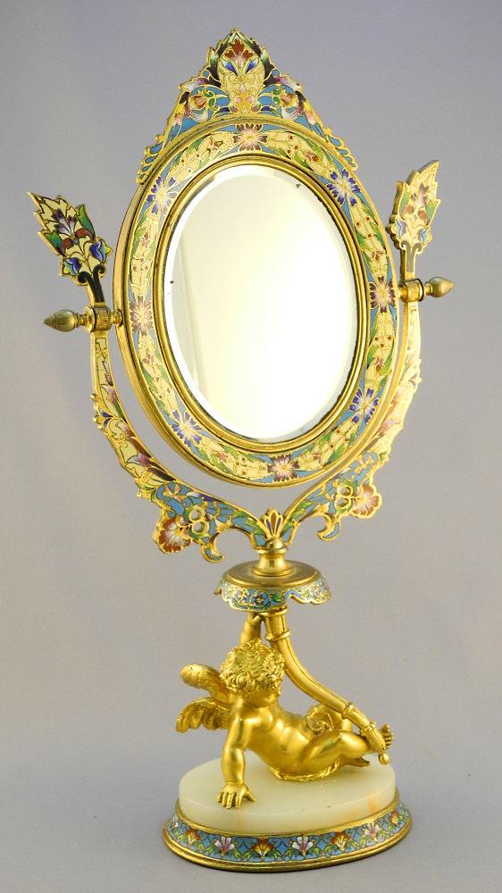 Champleve dresser mirror with gilt putti supports, 16". (1 of 7)