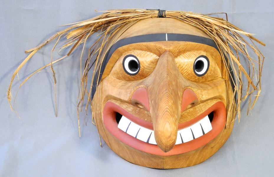 Carved cedar mask signed Tony Hunt Jr., "Kwagiulth Fool (1 of 5)