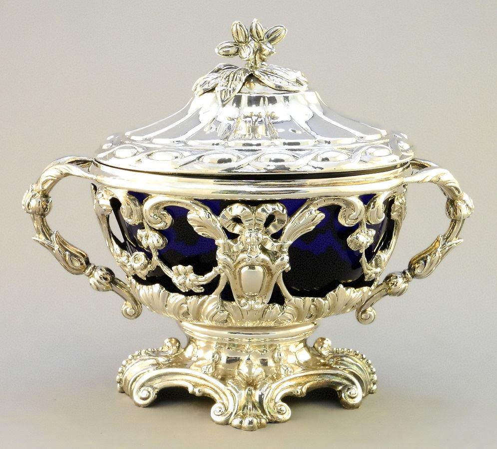 French silver blue lined sucrier with lid by Alphonse: French silver blue lined sucrier with lid by Alphonse Debain, 7 1/2".