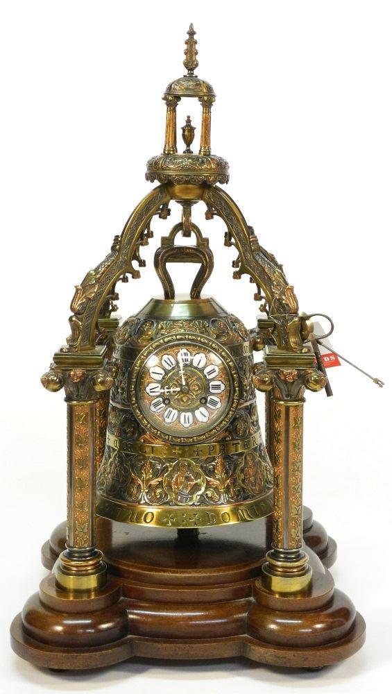 French bronze bell table clock, the bell supported (1 of 5)