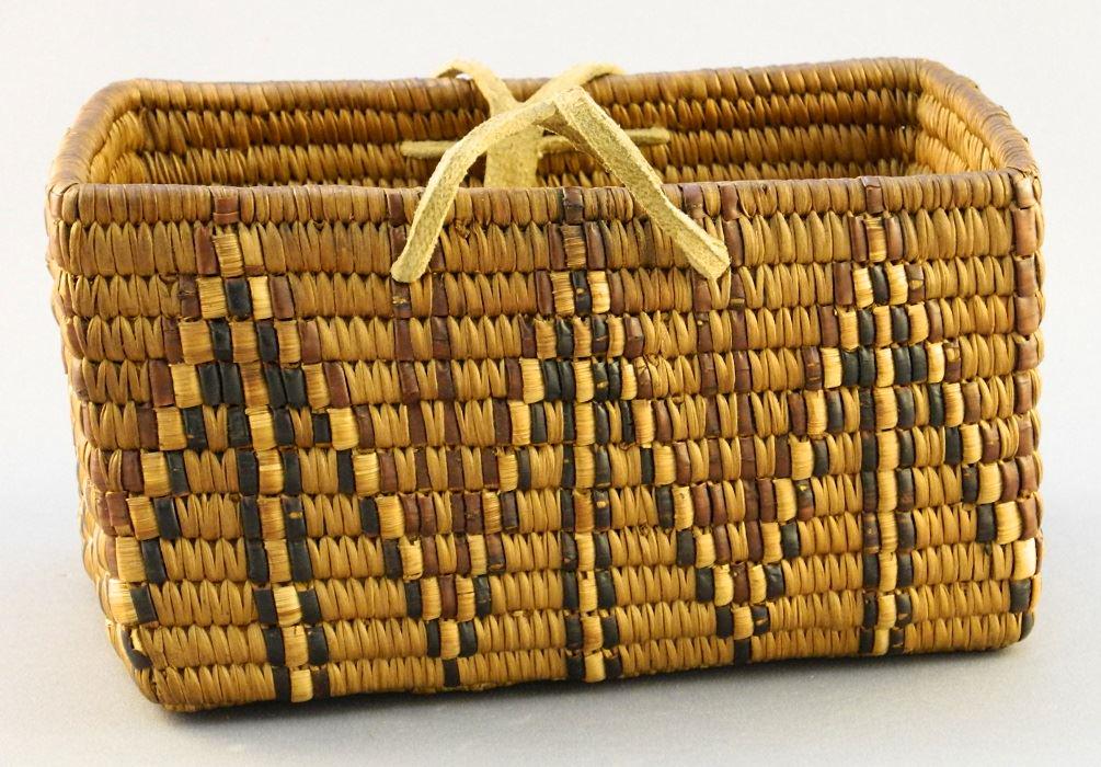 First Nations rectangular basket with leather thong (1 of 6)