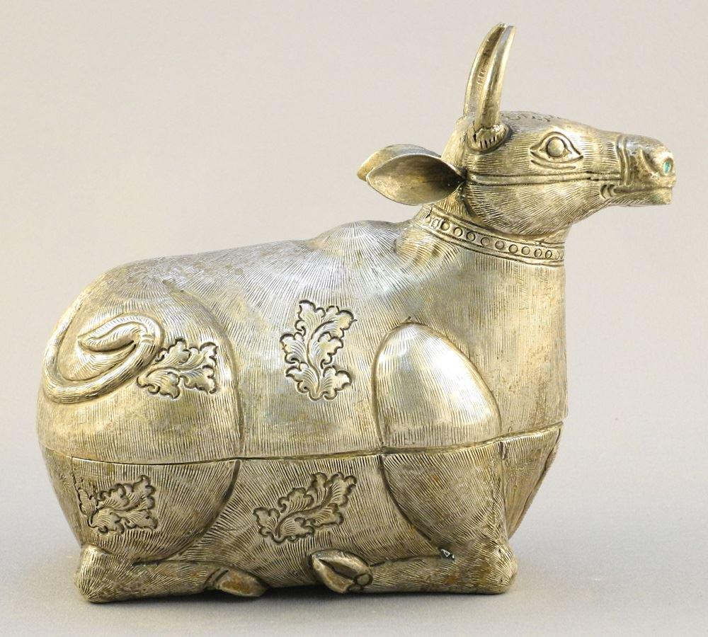 Burmese cow shaped betel nut box, embossed silver, 6" (1 of 6)