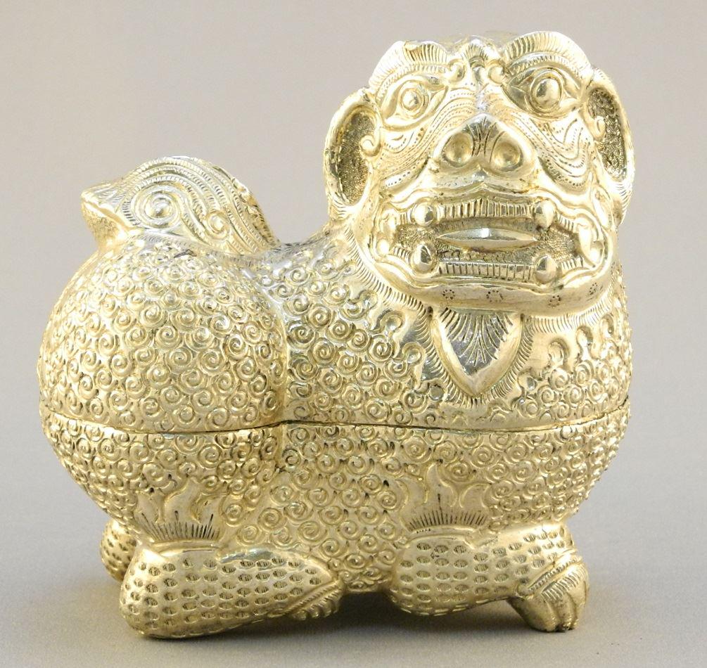 Burmese lion dog shaped betel nut box, embossed silver, (1 of 9)