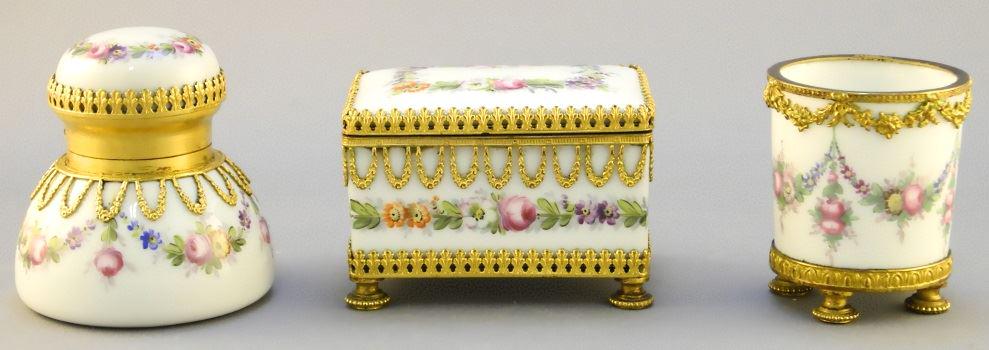 Three piece French porcelain set, inkwell, stamp box & (1 of 8)