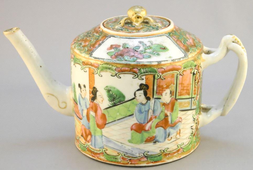 Famille Rose teapot with crab finial, 7" high.: Famille Rose teapot with crab finial, 7" high.