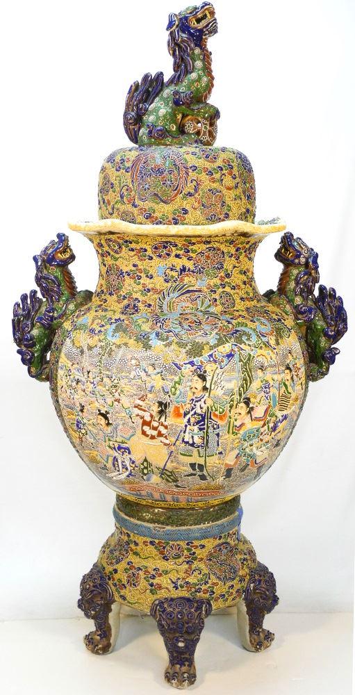 Large Japanese Satsuma covered vase on stand, 54" in (1 of 17)
