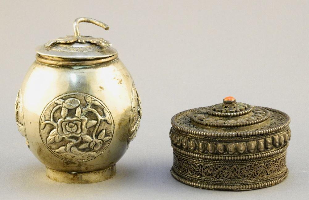 Two Asian silver boxes: Chinese- style oviform & (1 of 6)