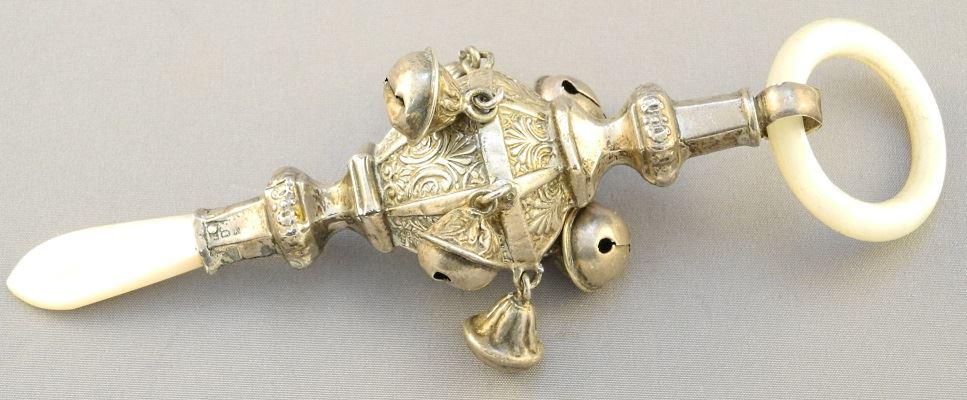 Hallmarked silver and Mother of Pearl baby rattle, (1 of 3)