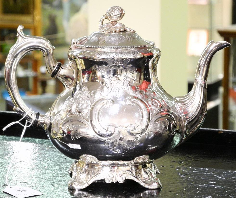 Victorian Sheffield plate teapot with acorn finial.: Victorian Sheffield plate teapot with acorn finial.