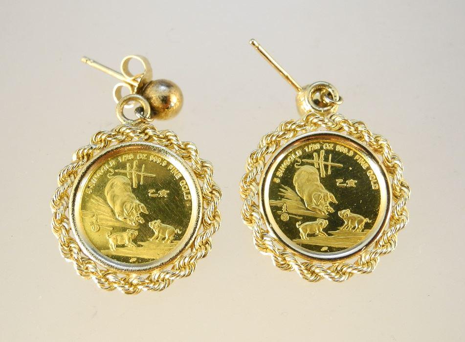 Pair of 14K Yellow Gold, Singapore gold coin earrings. (1 of 2)