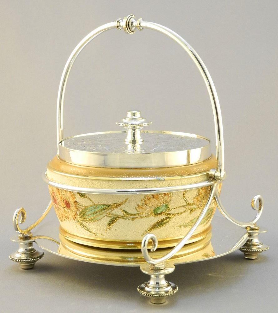 Staffordshire covered jam pot in silverplate stand (1 of 2)