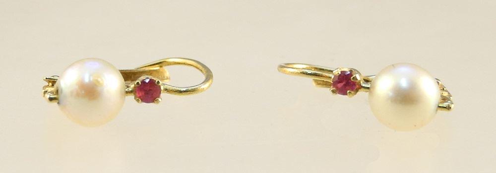 18K gold ruby & cultured saltwater pearl earrings. (1 of 1)