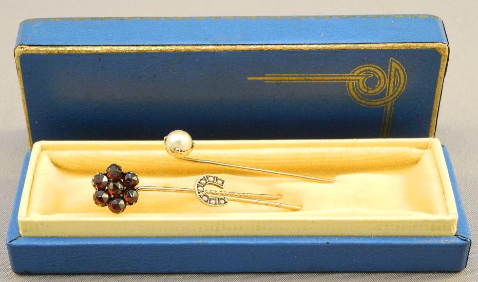 3 14K gold seed pearl and garnet stickpins. (1 of 1)