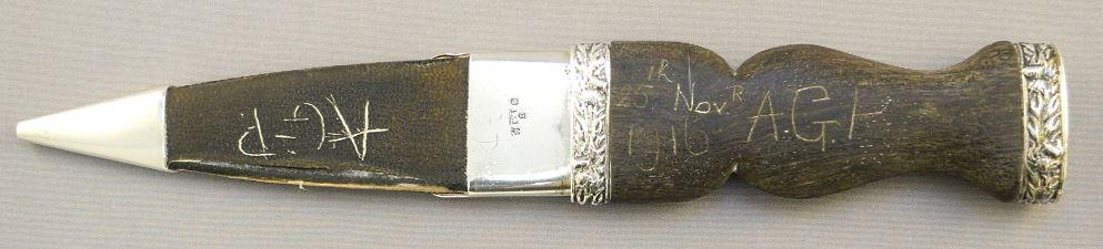 Scottish Hallmarked Silver Dirk, Back signed and dated: Scottish Hallmarked Silver Dirk, Back signed and dated AGP, Nov.r, 1916, 7 3/4" L.