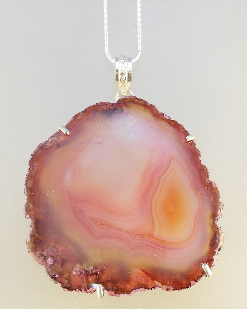 Silver mounted red agate on chain. (1 of 1)