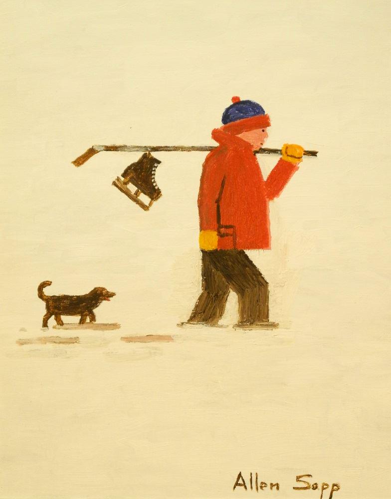 Acrylic on canvas signed Allen Sapp, 20" x 16", "Going: Acrylic on canvas signed Allen Sapp, 20" x 16", "Going to Play Hockey".