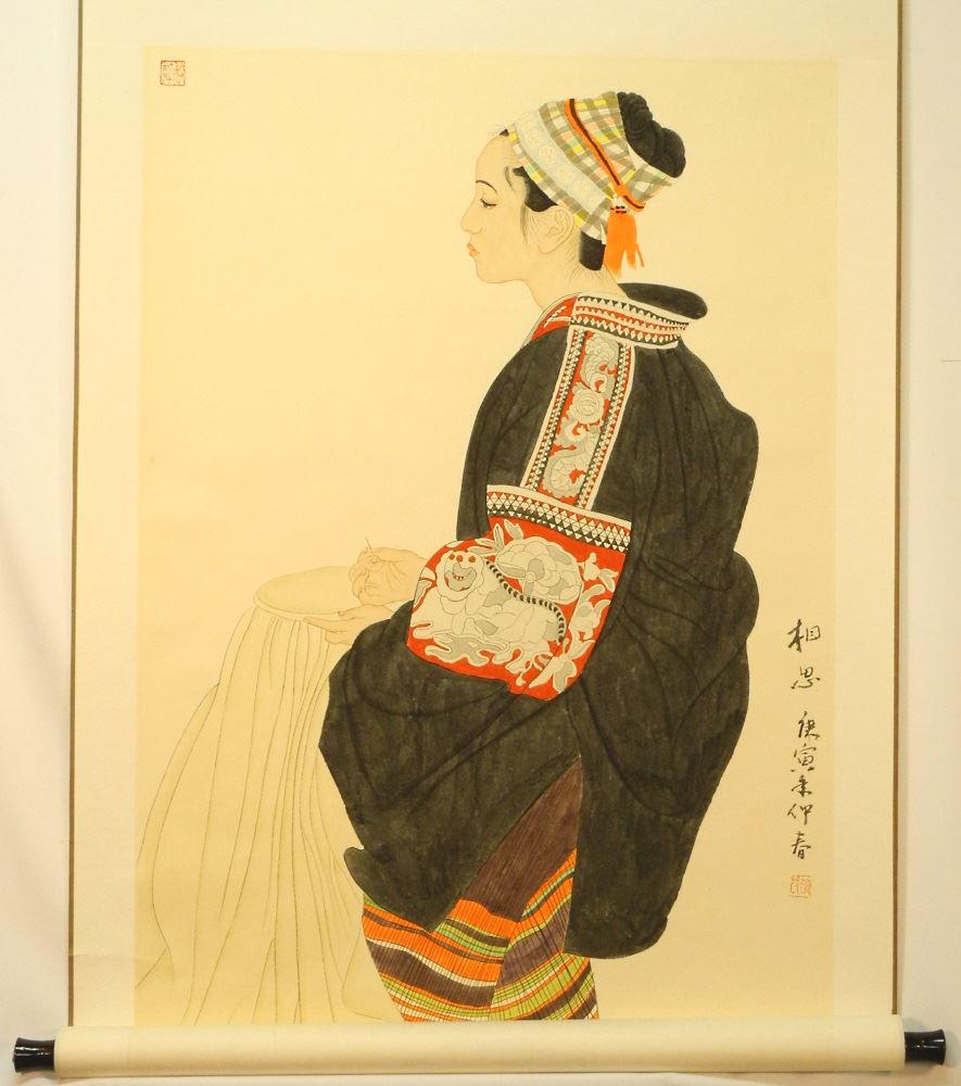 Chinese scroll painting, 8' length, "Seated Girl".: Chinese scroll painting, 8' length, "Seated Girl".