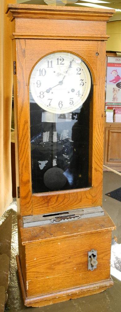 "Simplex Time Recorder Co." oak cased time punch clock,: "Simplex Time Recorder Co." oak cased time punch clock, as is, 48" high.