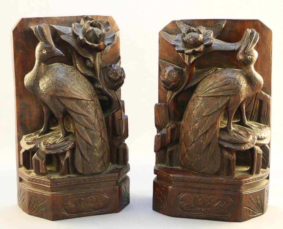Pair of Chinese carved hardwood Peacock bookends, one (1 of 3)