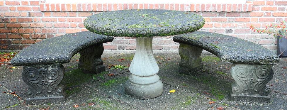 Concrete garden table suite, table & two arced benches, (1 of 3)
