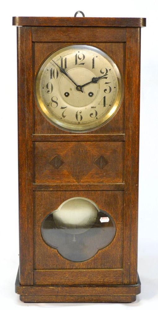 Oak cased wall clock, steel dial, as is, 26 1/2" high. (1 of 2)