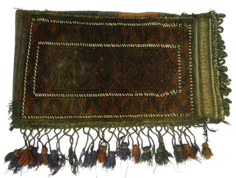 Hand knotted wool saddle bag, 37" x 21".: Hand knotted wool saddle bag, 37" x 21".