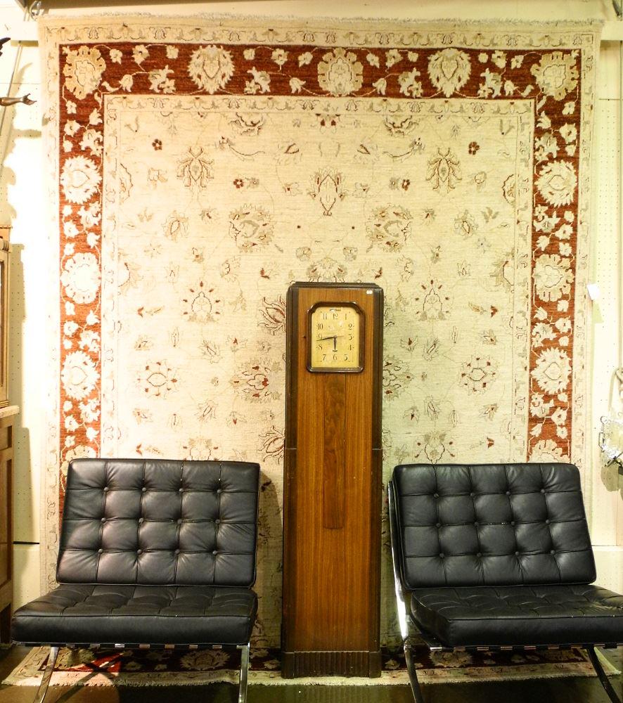 Hand knotted Indian carpet, taupe with burgundy border, (1 of 3)