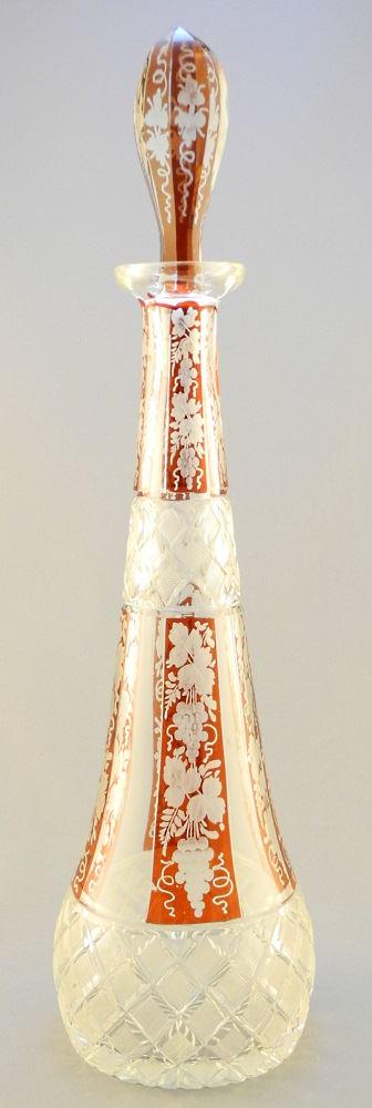 Clear and ruby glass etched and cut decanter, 16 1/2". (1 of 1)