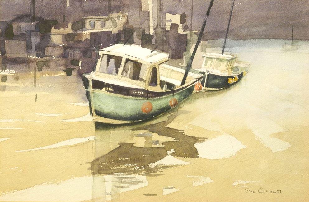 Watercolour signed Eric Gravenor, 13 1/2" x 20 1/4",: Watercolour signed Eric Gravenor, 13 1/2" x 20 1/4", "Dockside".