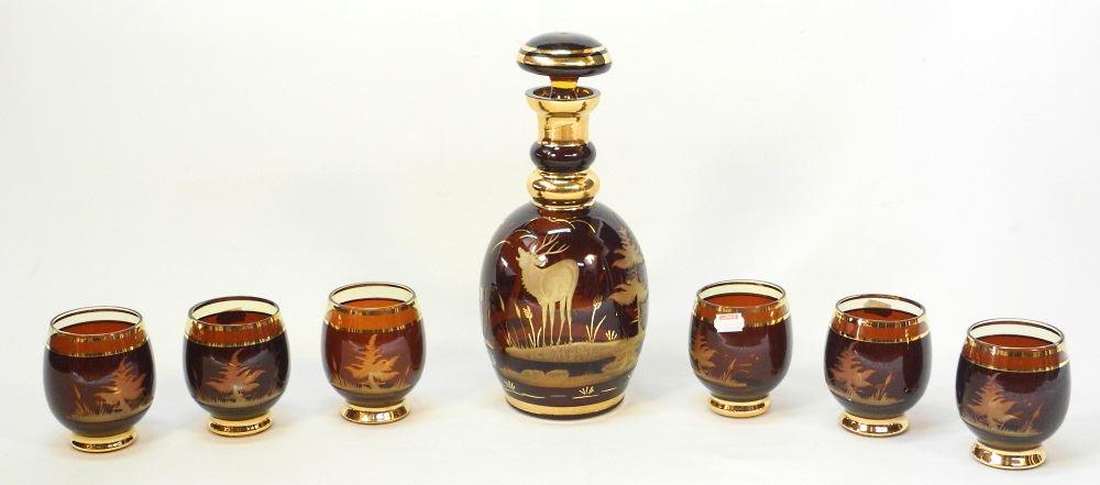Bohemian-style etched glass decanter & 6 glasses, 11" (1 of 2)