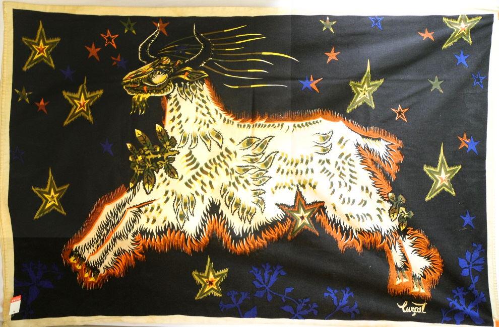 Serigraph tapestry attributed to Jean Lurcat, 47" x 74: Serigraph tapestry attributed to Jean Lurcat, 47" x 74 1/2", "D'Eoile".