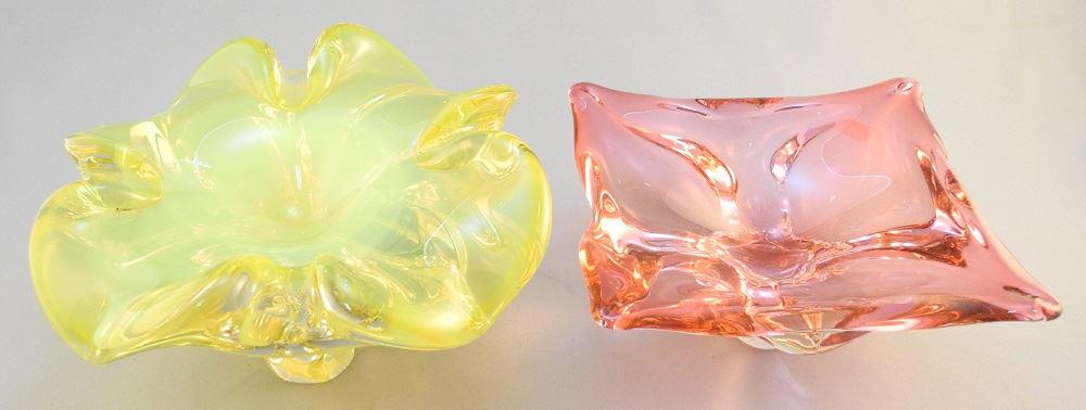 Two Art Glass dishes: pink & yellow. (1 of 3)