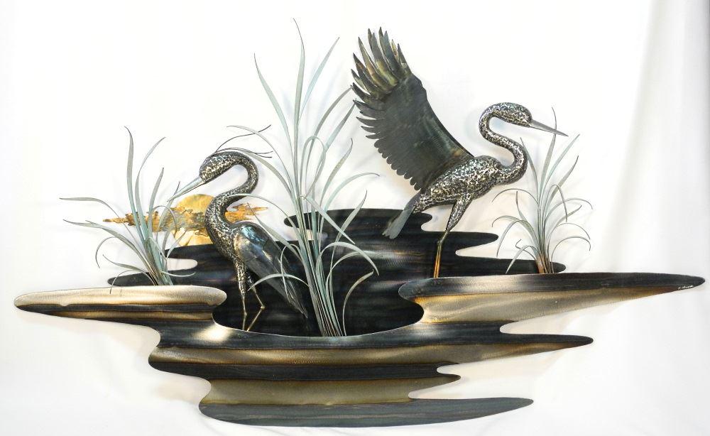 Laser cut metal work of Herons in a pond signed: Laser cut metal work of Herons in a pond signed Matheson, 47" wide.
