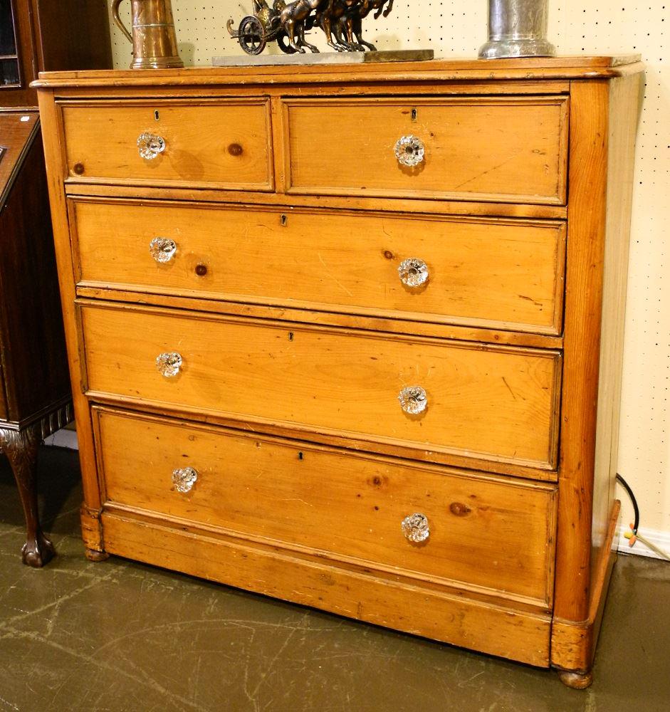 19th Century pine five drawer chest with glass pulls. (1 of 3)