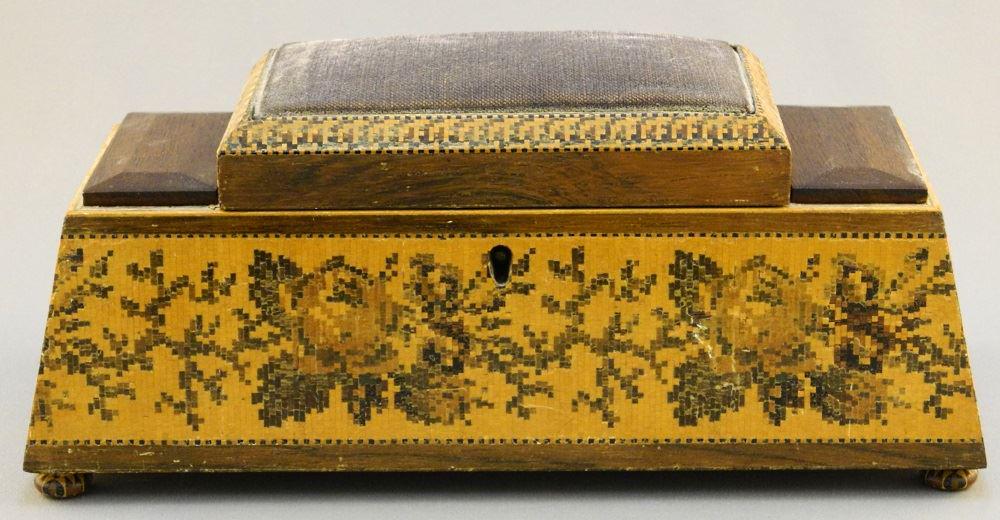 Tunbridge ware hinged pin cushion signed Edward Nye, 8 (1 of 4)