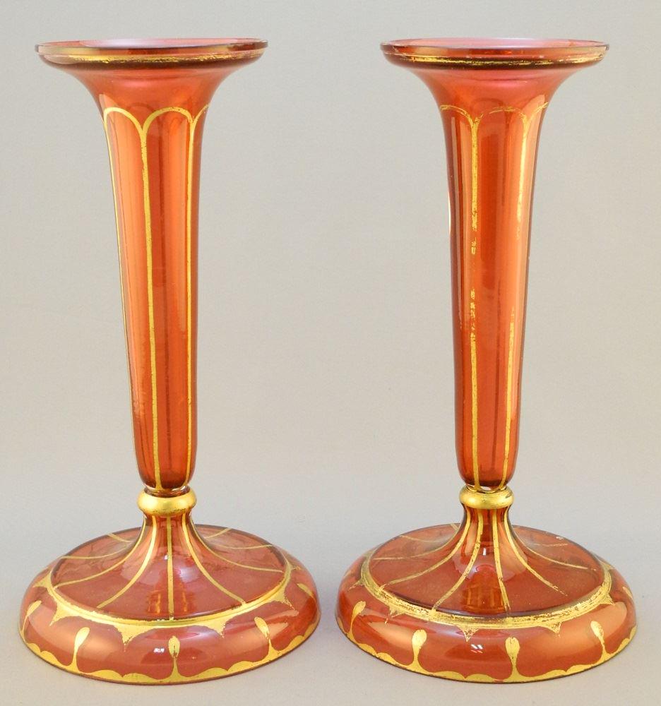 Pair of Secessionist style cranberry glass trumpet: Pair of Secessionist style cranberry glass trumpet vases, 10" high.